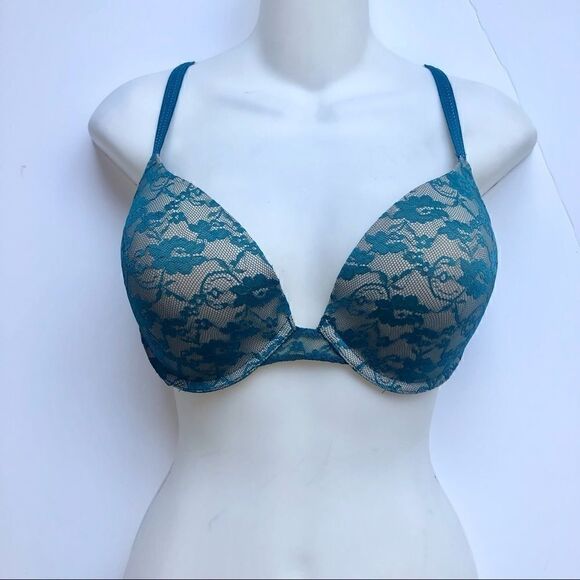 MAIDENFORM MOLDED CUP T-SHIRT TEAL LACE BRA 36D - Picture 3 of 9